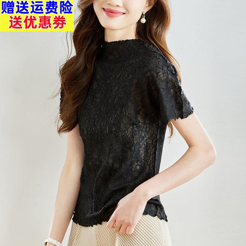 三宅半高领打底衫短袖薄t恤女2025夏装气质轻奢显瘦弹力褶皱上衣