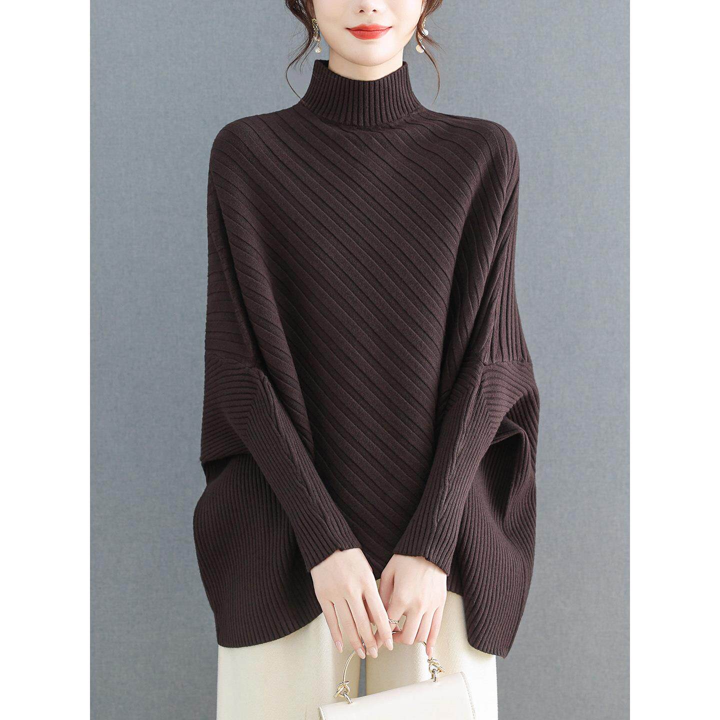 秋冬新款半高领针织斗篷中长款宽松蝙蝠衫毛衣女时尚不规则打底衫