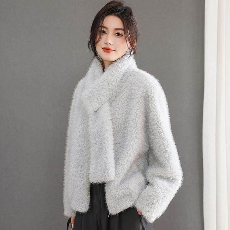 围巾领水貂绒皮草外套女短款拉链宽松开衫皮毛一体毛毛外套上衣冬