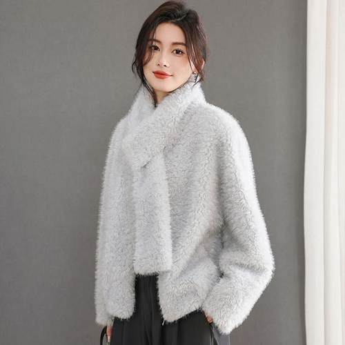 围巾领水貂绒皮草外套女短款拉链宽松开衫皮毛一体毛毛外套上衣冬