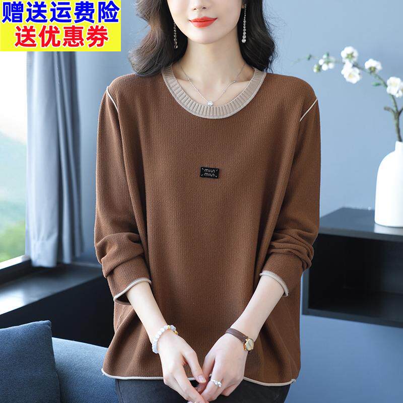 胖妈妈春季新款圆领针织衫女宽松加大码毛衣显瘦打底洋气长袖上衣