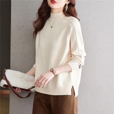 白色长袖毛衣女短款开叉秋冬2025新款内搭上衣半高领小针织打底衫