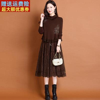 蕾丝套装针织连衣裙女两件套秋冬季中年妈妈配大衣内搭毛衣打底裙