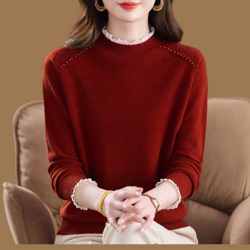 鄂尔多斯市100纯羊绒衫女加厚蕾丝花边半高领秋冬洋气打底毛衣冬