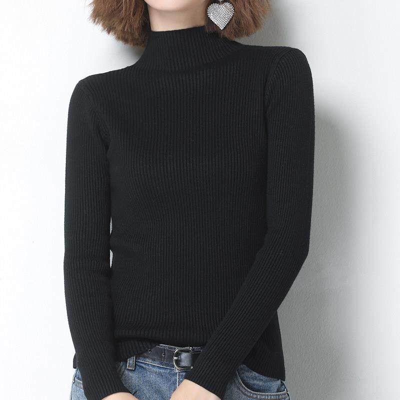老钱风春秋半高领毛衣女黑色修身套头针织羊毛打底衫秋冬百搭上衣