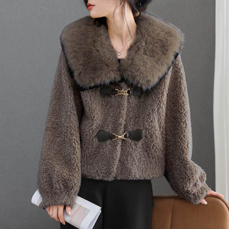 皮毛一体大毛领短款皮草女装冬季加厚保暖洋气减龄仿水貂绒外套女