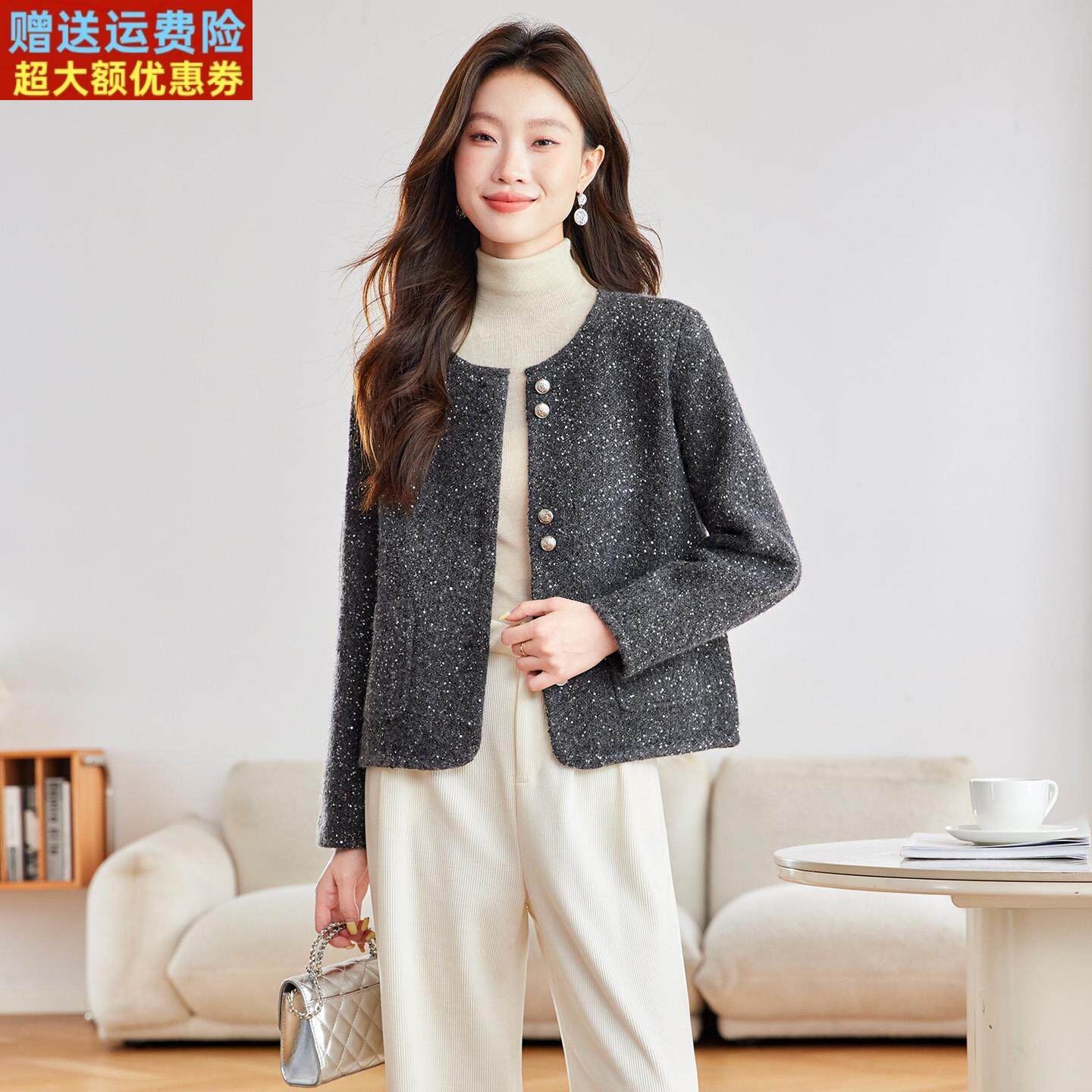 今年流行漂亮的外搭女2025新款春秋洋气宽松棒球服短外套羊绒开衫