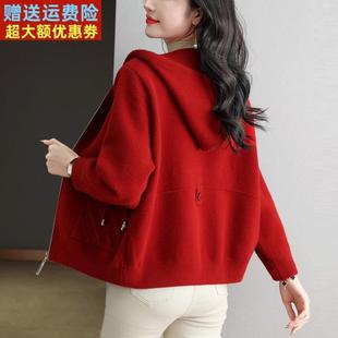 胖mm加大码连帽女士羊绒外套百搭短款开衫女秋冬双面绒羊毛大衣