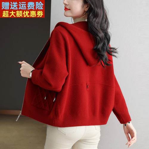 胖mm加大码连帽女士羊绒外套百搭短款开衫女秋冬双面绒羊毛大衣