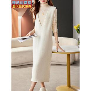 胖MM长款绵羊毛无袖马甲裙外搭女2025秋冬休闲背心连衣裙毛衣打底