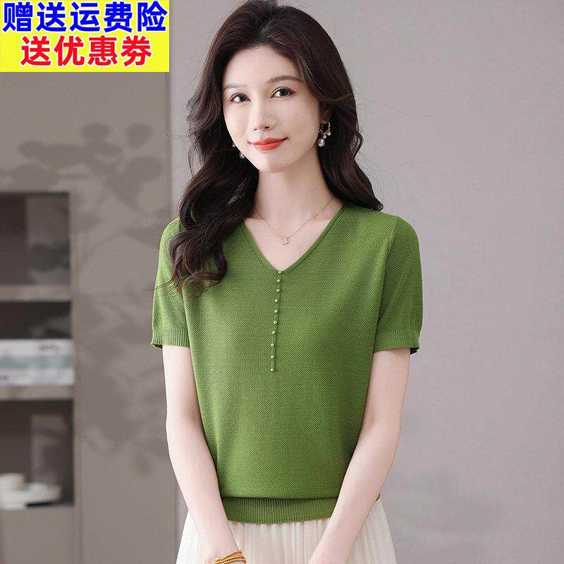 品牌天丝莱赛尔v领短袖t恤女2025新款中年妈妈夏装薄款针织衫上衣