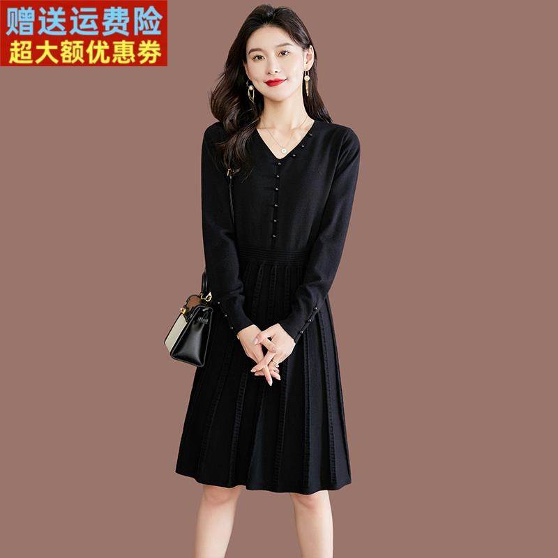秋冬针织洋装女羊毛高腰中长版毛衣裙气质显瘦V领裙子厚