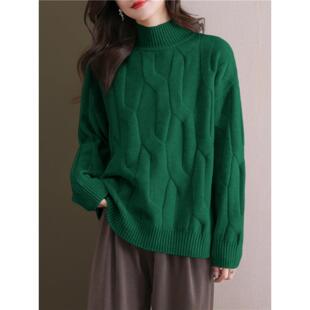 墨绿色半高领麻花毛衣女加厚秋冬2025新款保暖套头粗线针织打底衫