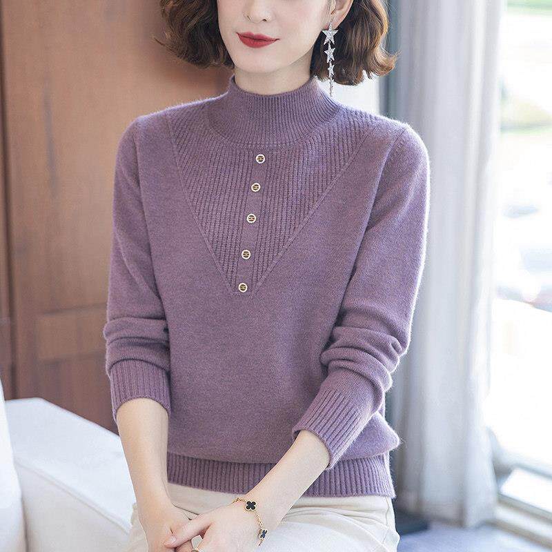 妈妈毛衣女秋冬半高领加绒加厚打底衫50岁中老年女装冬季内搭上衣