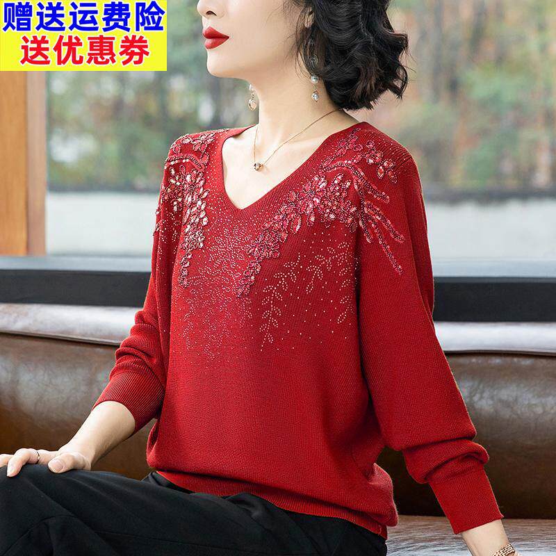 中年妈妈春装桑蚕丝针织衫上衣重工串珠烫钻V领毛衣洋派打底小衫