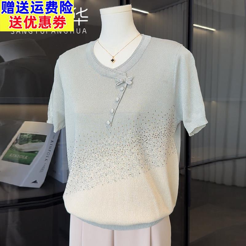 中年妈妈夏装短袖针织小衫洋派冰丝T恤中老年人女装母亲节上衣服