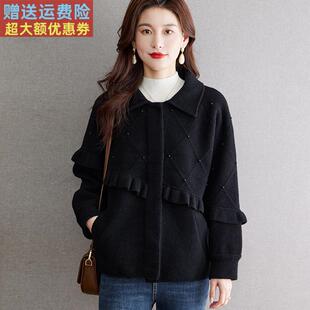 黑色钉珠木耳边针织外衣女2025秋冬新款翻领单排扣短款毛呢外套