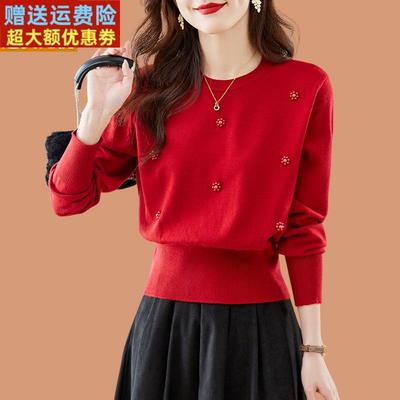 小个子短款高腰配半身裙红色毛衣女春秋装2025新款羊毛打底衫上衣