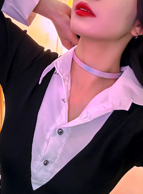 诊疗师手工定制 粉蓝渐变情侣颈环真皮choker项圈手环锁骨链小众