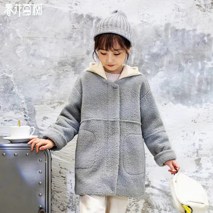 摩诺女童带帽假两件毛圈加棉风衣外套冬款加厚款