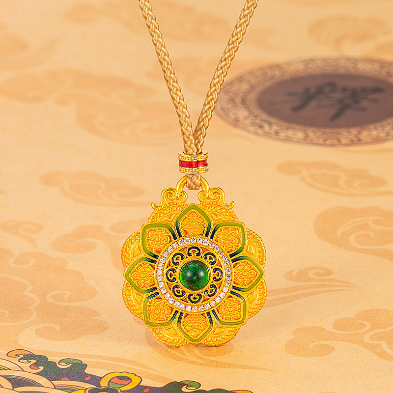 DIY古法金色长命锁吊坠 复古滴油可爱小众圆形点钻五福圆满挂件