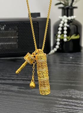 韦雪同款古法铜镀金新中式拨浪鼓六字真言随身佛吊坠首饰毛衣链