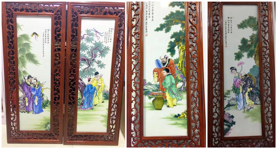 景德镇陶瓷手绘粉彩四幅挂屏八仙瓷板装饰画现代中式客厅挂画壁画