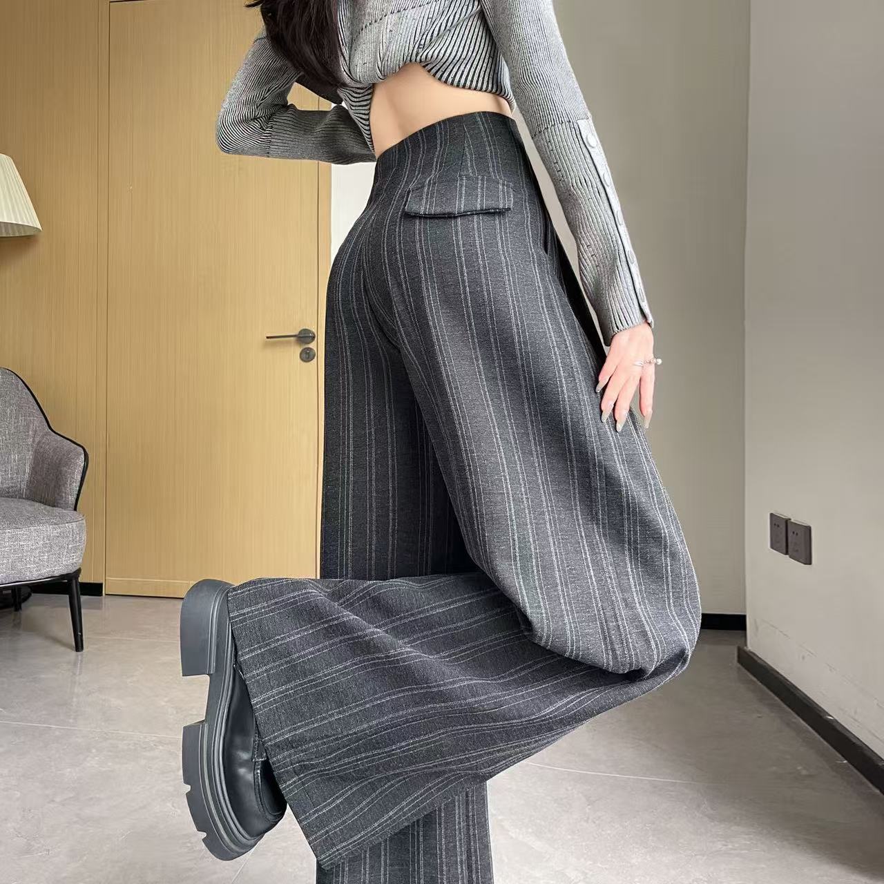 条纹显瘦阔腿裤女春秋2025新款