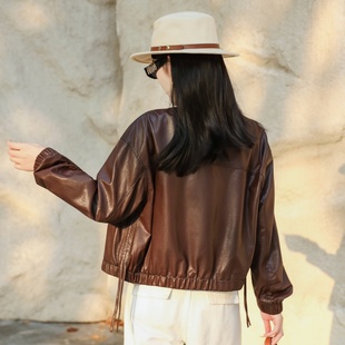 惊艳通勤！圆领修身夹克选他羊皮衣真皮休闲修身皮衣女百搭款休闲
