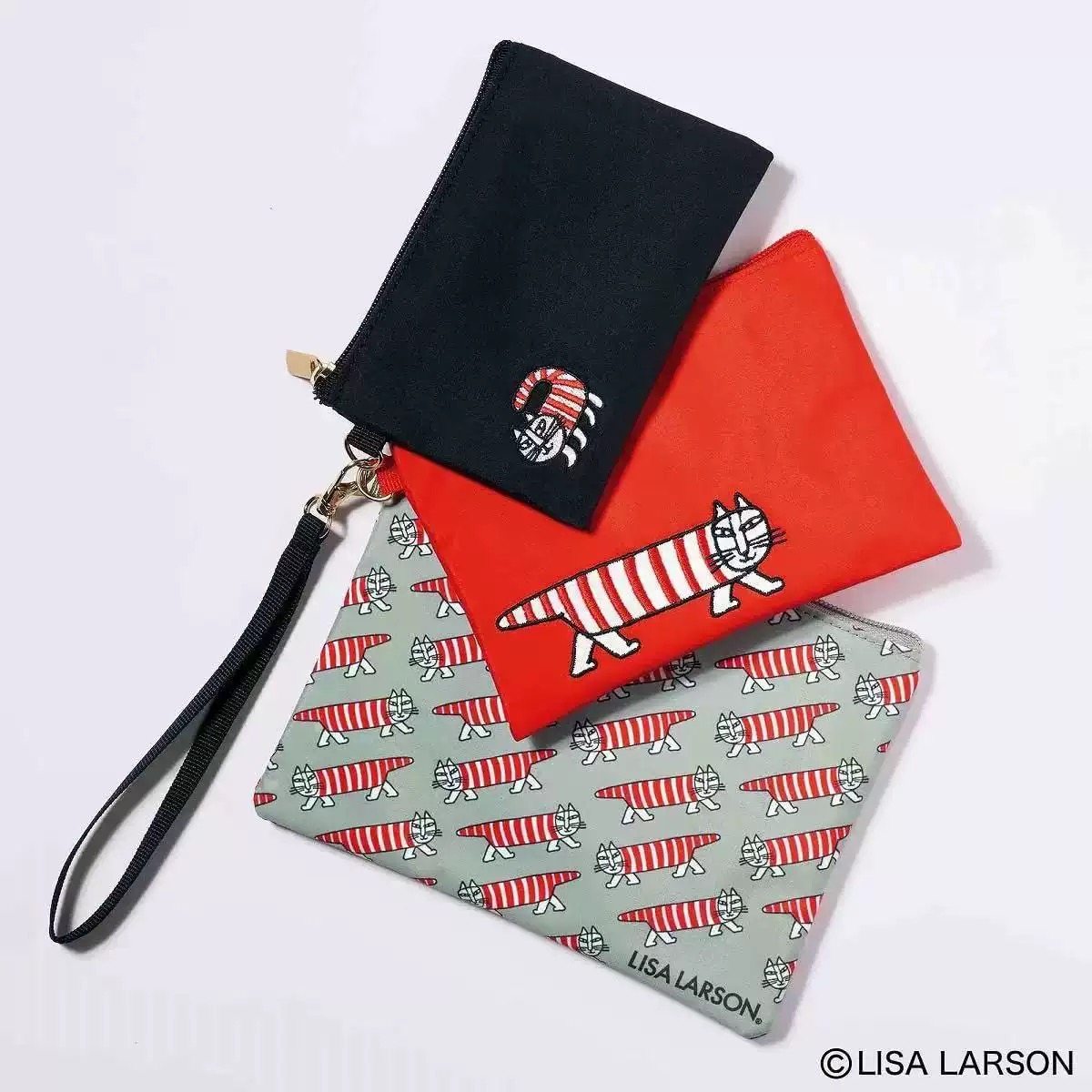 日系卡通可爱条纹猫咪刺绣零钱证件手机旅行收纳袋三件套收纳包