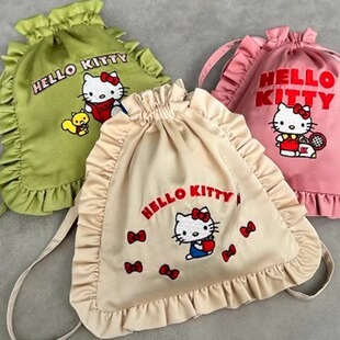 日系甜美少女心凯迪猫荷叶花边包旅行化妆包日常小物束口收纳袋