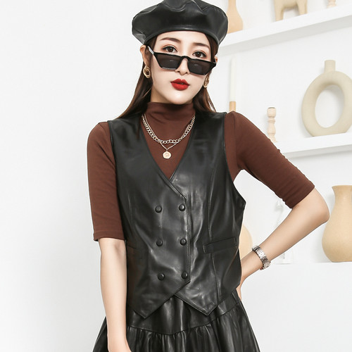 短款双排扣皮衣百搭风显瘦马夹