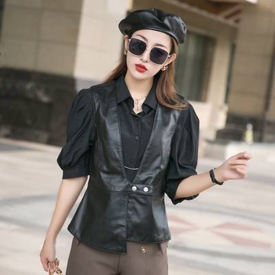 2025新款绵羊皮真皮马甲女不规则无袖皮衣坎肩修身短款工装小背心