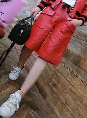 2025春秋新款绵羊皮真皮短裤松紧腰五分靴裤阔腿裤女进口全皮中裤