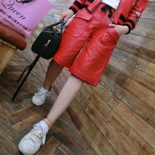 女进口全皮中裤 2025春秋新款 阔腿裤 松紧腰五分靴裤 绵羊皮真皮短裤