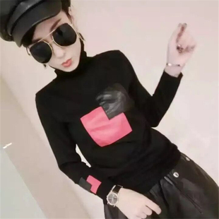 高领小衫 海宁2025春秋新款 长袖 真皮绵羊皮拼接弹力修身 针织打底衫