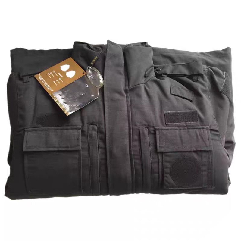 原版黑色网格布军大衣冬季加厚多功能棉服保安作训服棉袄加肥加大