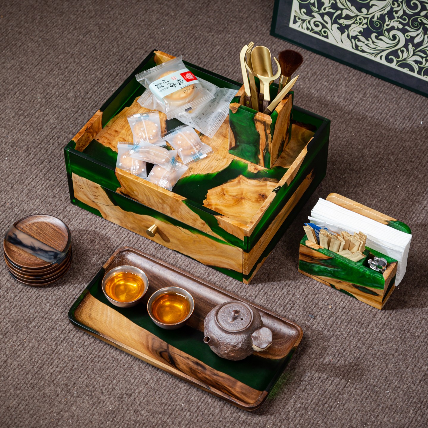 香杉木环氧树脂茶具桌面收纳盒