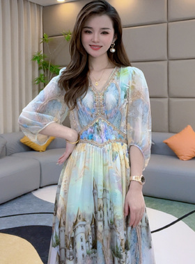 《静静心选》“浪漫城堡”城堡收腰气质显瘦真丝印花连衣裙80099
