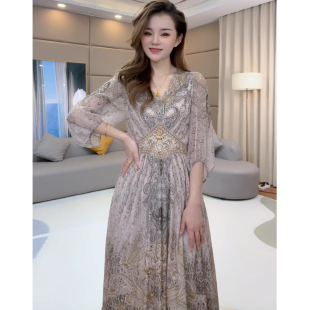 烫钻收腰气质显瘦真丝印花连衣裙80169 慢时光 静静心选