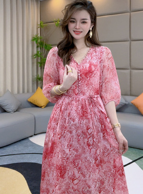 《静静心选》“海棠”桑蚕丝收腰气质显瘦真丝印花连衣裙80085