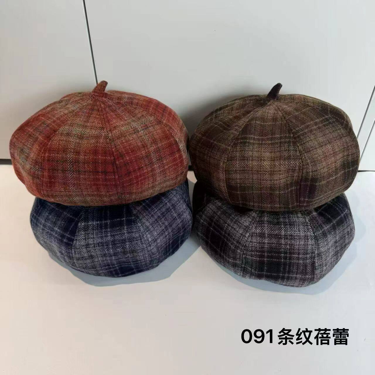 英伦风复古格纹贝雷帽春秋显脸小画家帽女日系文艺八角帽子女士