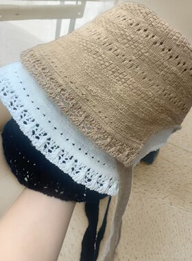 出日韩镂空渔夫帽女飘带百搭大头围帽子春夏显脸小防晒遮阳盆帽潮
