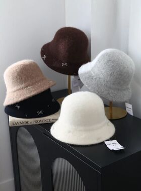 黑色羊毛珍珠渔夫帽女秋冬显脸小保暖大头围盆帽素颜毛绒水桶帽子