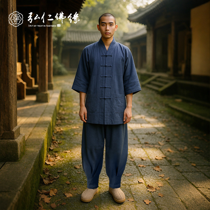 纯棉僧服夏季薄款七分袖套装短褂和尚尼姑棉麻居士服出家师父僧衣