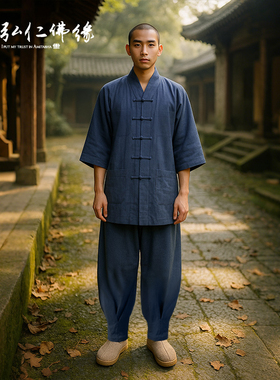 纯棉僧服夏季薄款七分袖套装短褂和尚尼姑棉麻居士服出家师父僧衣