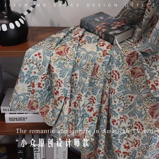 复古乡村托斯卡纳风窗帘亚麻浅色印花卧室阳台飘窗半遮光窗帘 美式