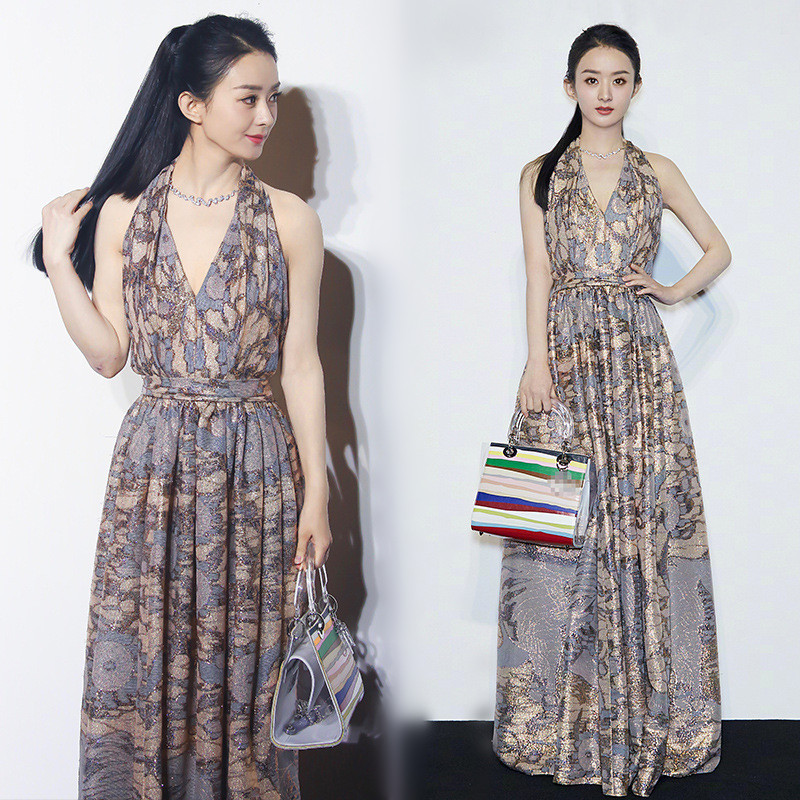 2020新款赵丽颖明星同款主持年会宴会晚礼服裙性感挂脖露背连衣裙