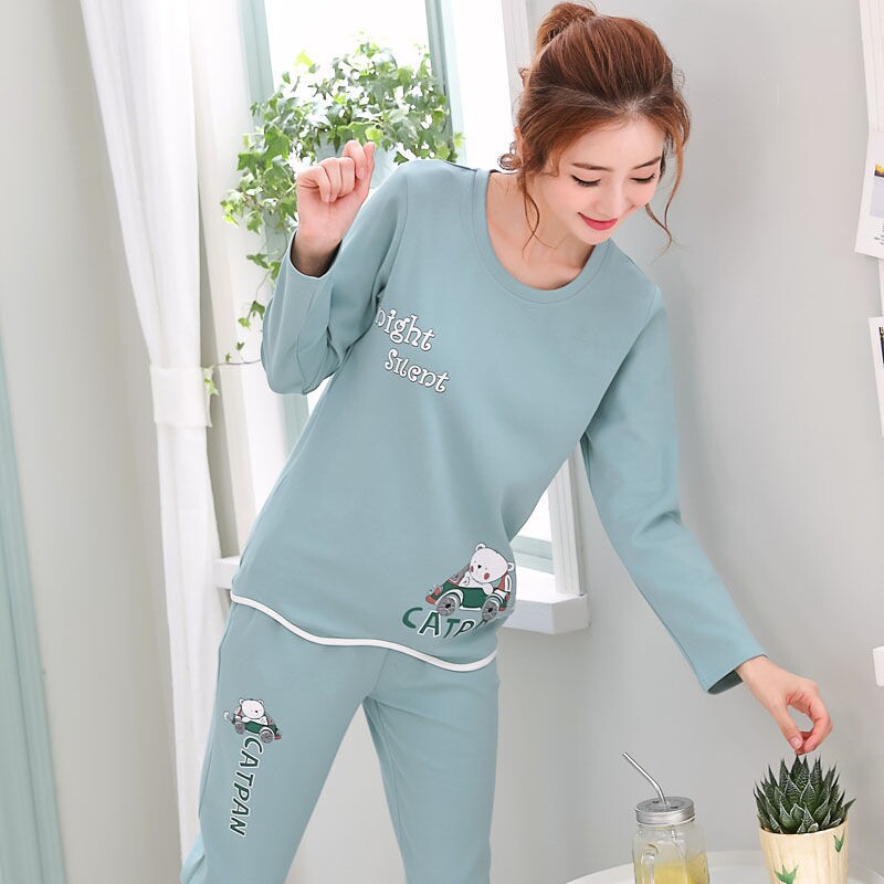 睡衣女春秋季长袖纯棉大码学生韩版清新家居服薄款两件套装秋冬款