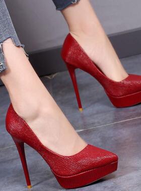 31—33小码防水台超高跟单鞋女12cm细跟浅口尖头红色礼服秀禾婚鞋